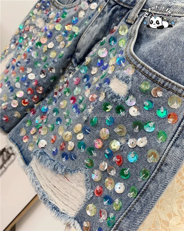 LEZONKIDS - High Street Stylish Colorful Hand Sewn Crystal Rhinestone Girls Jeans Denim Shorts